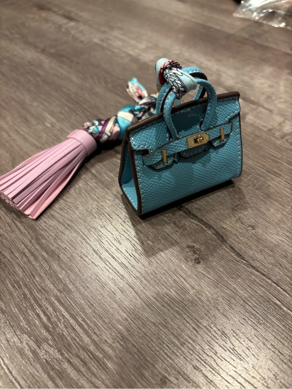 Mini Top Handle Handbag Charm Keychain with Scarf & Tassel – Blue